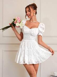 SHEIN VCAY 女士泡泡袖系带露背 V 领腰部荷叶边网眼花卉迷你连衣裙，适合生日派对穿着 - 白色 - 查看 4