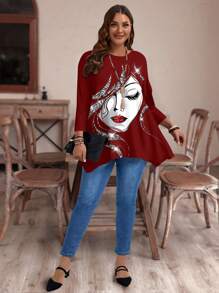 EMERY ROSE 大码女式不对称下摆宽松圆领 3/4 袖 T 恤，休闲春秋季