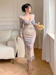 DAZY Váy midi xẻ lưới họa tiết hoa toàn thân dành cho nữ, thích hợp cho ngày lễ tình nhân, tiệc tùng, trở lại trường, váy dài tay mùa thu - Màu xanh lam - Xem 9