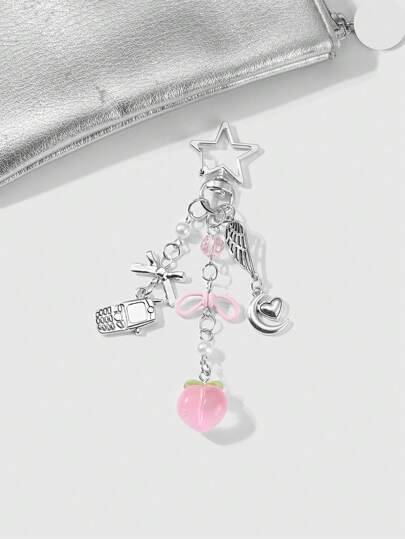 Kawaii 1 pieza Cadena de moda, versátil y adorable con dije de lazo, corazón, luna, resina y perlas falsas en color melocotón, ideal como llavero y accesorio de bolso para mujer, para uso diario o como regalo