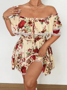 Flirla Plus Size Sexy Lace Bow Off The Shoulder Vacation Dress - Apricot - View 6