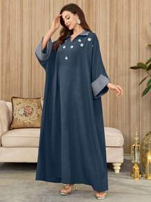 Al Najma 女士优雅亮片花卉束腰连衣裙和阿拉伯传统长袍，春夏季，朴素的卡夫坦 - 藍色 - 查看 8