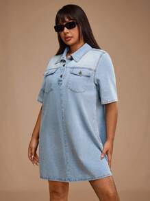 Forever 21 Plus Size Women Short Sleeve Polo Collar Denim Jumpsuit With Pockets - Blue - View 7