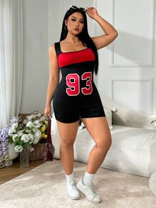 SHEIN EZwear Plus Size Letter Print Contrast Color Tight Jumpsuit, Spring
