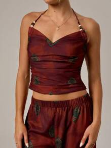 Forever 21 Summer New Draped Neck Tie Front Cropped Retro Digital Print Vacation Casual Beach Blouse Top For Women