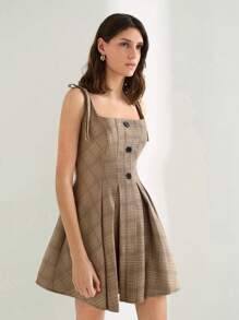 Maija Vestido mini casual de mujer con detalle de nudo, plisado y abotonadura sencilla, versátil, con estilo y elegante