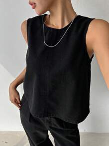 DAZY Women's Casual Solid Color Denim Vest Jeans Set - Black - View 6