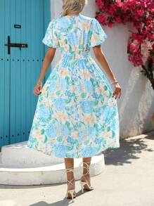 Robe de vacances mi-longue à imprimé floral romantique et décontracté pour femme