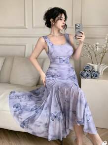 DAZY Mid-Calf Floral Print Sleeveless Dress For Women,Ruffle,Casual Women Dresses - Purple - View 5