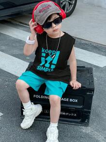 SHEIN Little Byeori 2件套男童休闲韩版舒适时尚实用百搭撞色印花背心和工装短裤套装，适合搭配蜘蛛图案连帽衫、拉链连帽衫、儿童连帽衫、儿童套装、幼儿男童服装、上学、返校、男童套装、男童服装、日常穿着、学校、旅行、运动、春夏装。 - 藍色 - 查看 5