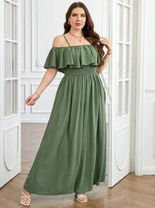 SHEIN Clasi Macacão plus size cor sólida ombro de fora babado acabamento cintura marcada perna larga - Verde - Ver 4