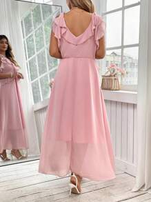 Celure Plus Size Elegant Solid Color Ruffle Trim Dress