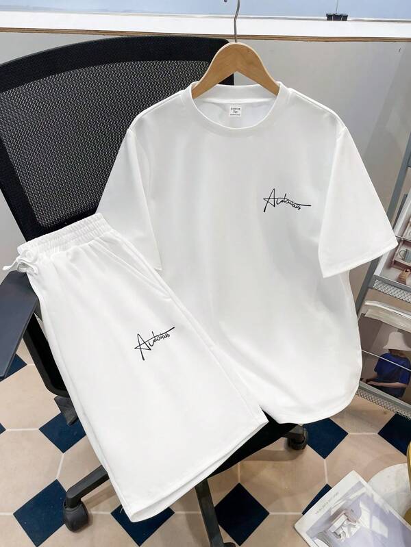 SHEIN 2pcs/Set Teen Boys Casual Versatile Comfortable High Cost-Effective Letter Print Knit Short Sleeve T-Shirt & Shorts,Urban Casual Style
