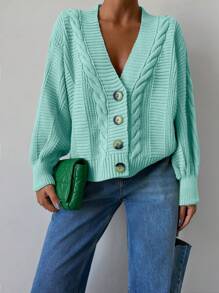 EURMUSE Cable Knit Drop Shoulder Cardigan - Mint Green - View 3