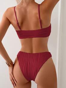SHEIN Swim Women's Summer Beach Solid Color Ruched Sexy Bikini Swimwear Set - Burgundy - View 2