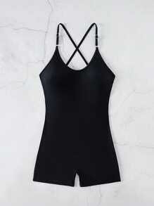 Swim Lushoire 女士海滩夏季服装纯色交叉露背细肩带连体泳衣 - 黑色 - 查看 6