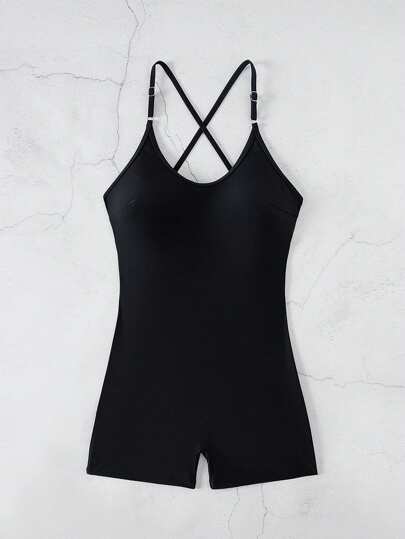 Swim Lushoire 女士海滩夏季服装纯色交叉露背细肩带连体泳衣