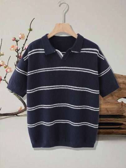 Claim Dot Plus Size Men's Striped Lapel Short Sleeve Casual Knitted Sweater Knit Top Men Men Knit Polo