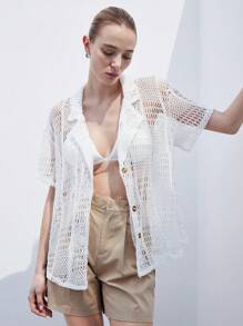 SHEIN Privé New Fashionable European And American Casual Vacation Loose Openwork Knit Mesh Grid Cover Up With Wide Lapel Collar And Short Sleeves, Women Shirt - White - View 5