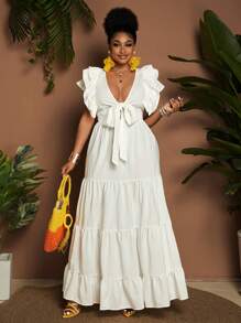 Maweii Vestido casual de talla grande para mujer, tipo línea A, de un solo color, con lazo en el pecho, para vacaciones