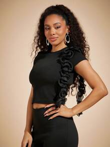 Vixey 3D 花朵荷叶边长袖圆领针织上衣，夏季上衣，波西米亚风 - 黑色 - 查看 4