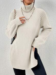 EURMUSE Hoher Kragen Raglan-ärmel Rippstrickpullover Mit Gespaltenem Saum - Aprikosenfarben - Übersicht 4
