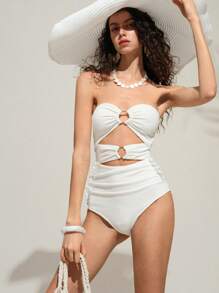 SHEIN LUNE Bodysuit Polos Berlubang dengan Bahu Terbuka, Modis dan Sederhana, Cocok untuk Musim Panas - Putih - View 5