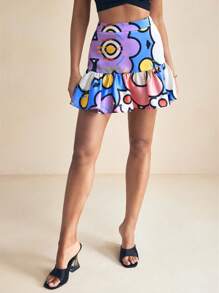 SHAQUITA GARCIA Designer Pastel Cartoon Floral Print Bubble Ruffle Hem Mini Skirt Women Spring Summer Cute Skirt Easter Vacation Beach Cruise Women Casual Summer Skirt