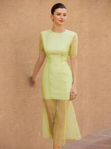GENKIRA Women Lime Green Summer Elegant Party Dress,Round Neck Puff Sleeve Cinched Waist Slim Fit Layered Fish Tail Hem Sheer Organza Midi Dress - Green - View 1