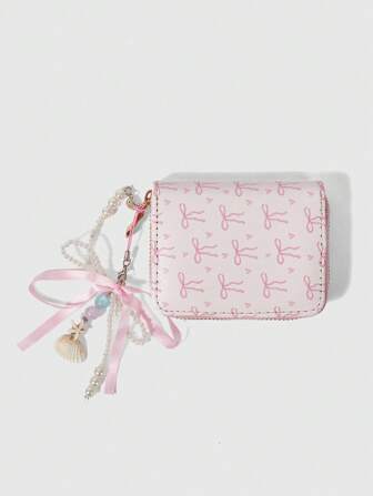 Kawaii Pink Bow Whale Pendant Short Wallet, Creative Multifunctional Card Slots Purse