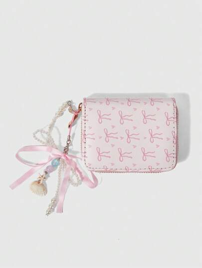 Kawaii Pink Bow Whale Pendant Short Wallet, Creative Multifunctional Card Slots Purse