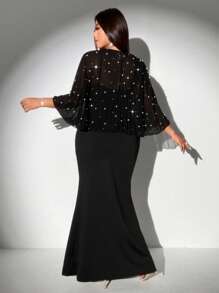 Viva Relle Plus Size Women Elegant Romantic Party Ruffled Chiffon Capelet And Bodycon Fish Tail Slip Dress 2 Pieces Set - Black - View 3