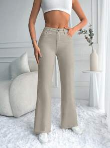 EURMUSE Casual Solid Flare Leg Jeans - Beige - View 3