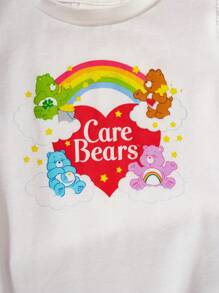 SHEIN X Care Bears 少女卡通熊印花白色盖袖休闲T恤和黄色可爱蝴蝶结吊带裙两件套
