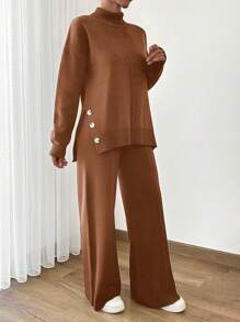 EURMUSE Women Asymmetrical And Button Detailed Hem High Neck Sweater And Sweater Pant Two Piece Outfits Co-Ords - Chocolate Brown - View 7