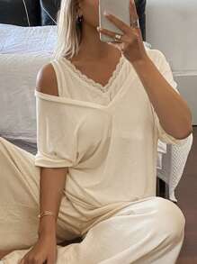 DAZY Women's V-Neck Lace Patchwork Loose Sleepwear Top