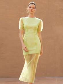 GENKIRA Women Lime Green Summer Elegant Party Dress,Round Neck Puff Sleeve Cinched Waist Slim Fit Layered Fish Tail Hem Sheer Organza Midi Dress - Green - View 6