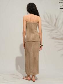SHEIN LUNE 2pcs Women's Elegant & Charming Sexy Hollow Knitted Bandeau Top Set - Khaki - View 2