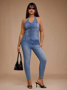 Forever 21 Plus Size Front Button Backless Halter Neck Denim Top - Blue - View 3