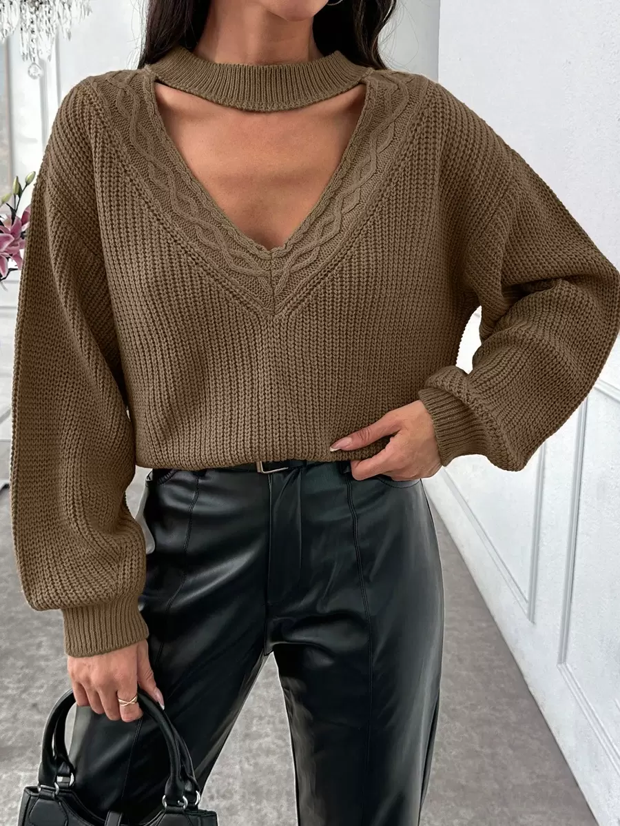 SHEIN Cottnline Casual Cut Out Detailed Turtle Neck Cable Knit Drop Shoulder Balloon Sleeve Sweater - Camel - View 1