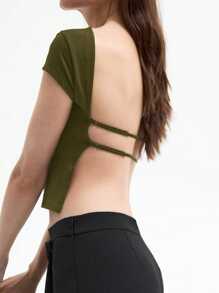 SHEIN EZwear Camiseta de punto entallada sin espalda color verde oliva para mujeres