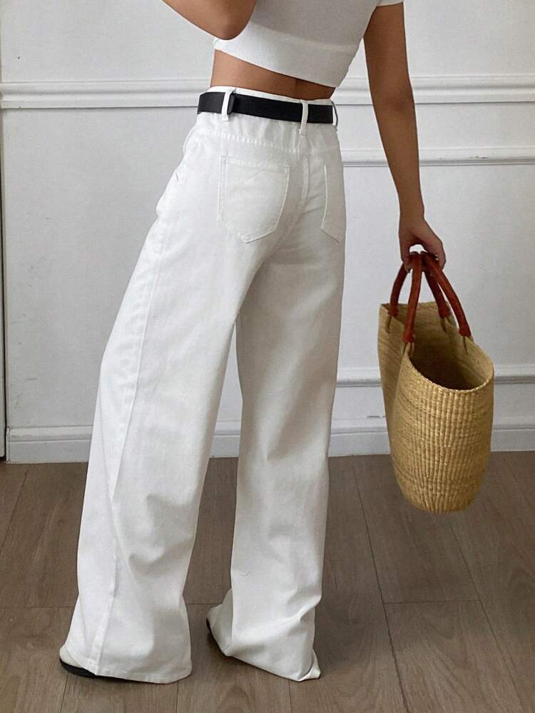 Casual White Loose Straight Leg Jeans With Side Pockets