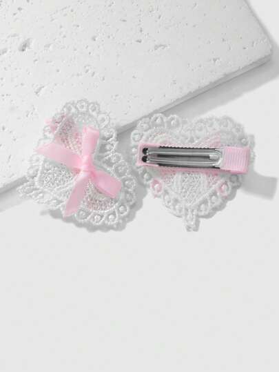 Kawaii 4pcs/Set Ins Simple Elegant Cute Girl High-Quality White Hollow Lace Heart Floral Ornament Pink Ribbon Bow Hair Clips, Suit For Sisters/Best Friends Daily Wear And Holidays Gift Claw Clips Hair Claws Hair Barrettes