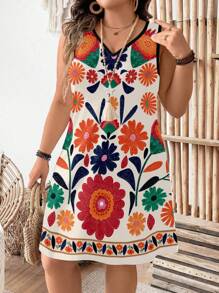 SHEIN LUNE Plus Size Women's Vibrant Floral Print V-Neck Sleeveless Casual Summer Vacation Dress