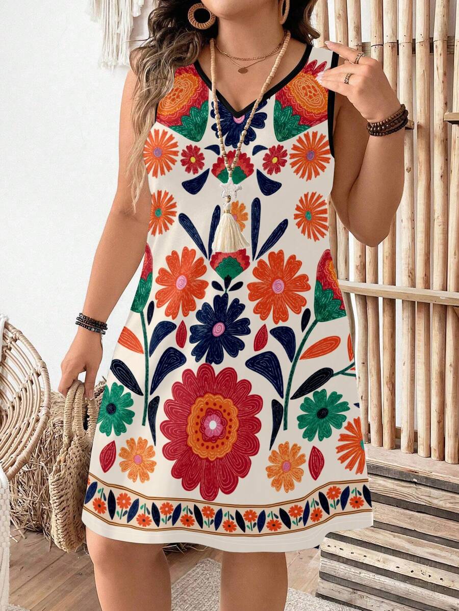 SHEIN LUNE Plus Size Women's Vibrant Floral Print V-Neck Sleeveless Casual Summer Vacation Dress