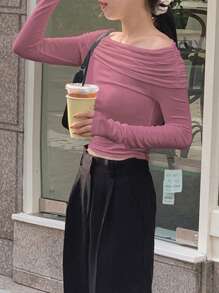 DAZY Women's Solid Color Ruffle Off Shoulder Long Sleeve Fitted Fashion T-Shirt - Rose Red - View 5