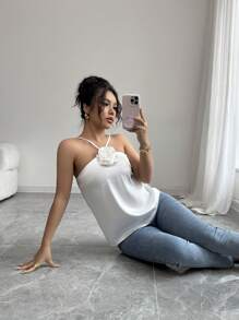 Elenzga Elegant Solid Color 3D Floral Decoration Satin Halter Top