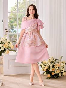 SHEIN Teen Girl Roz Minunat Guler Asimetric Decor Rochie din Satin Rochie de petrecere Curtea