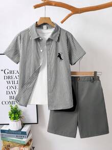 SHEIN 青少年男孩绅士装 - 条纹短袖衬衫和短裤套装