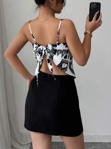 Elenzga Women's Casual Elegant Allover Print Tie Knot Cami Top, Spring & Summer
